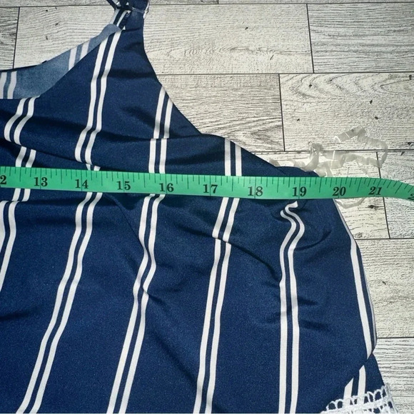 NEW Rouge Collection 1X Navy Striped Stretch Lightweight Maxi Dress Ruffle Front - Picture 9 of 13